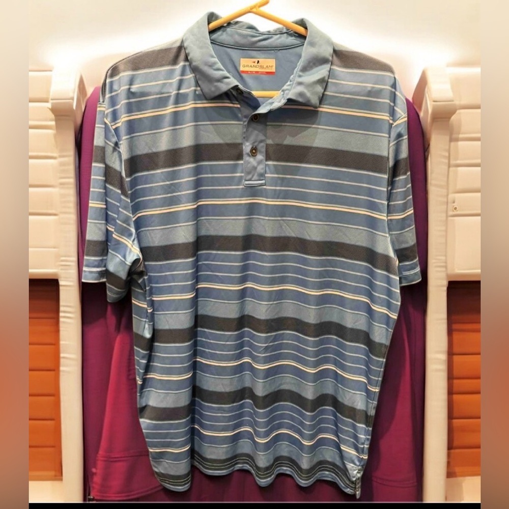 Grand Slam Blue and Gray Striped Polo Shirt XL